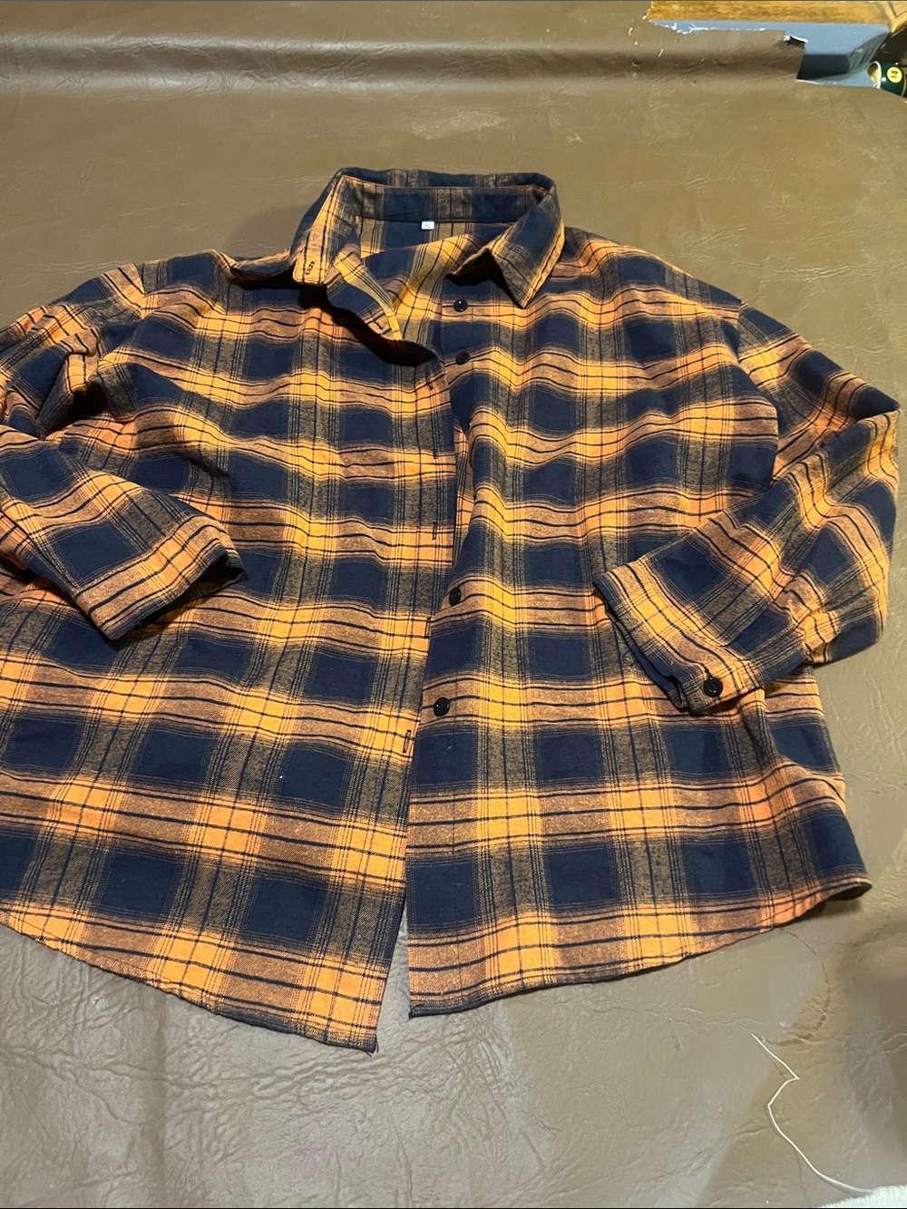 Womens Orange & Navy Plaid Button-Up flannel